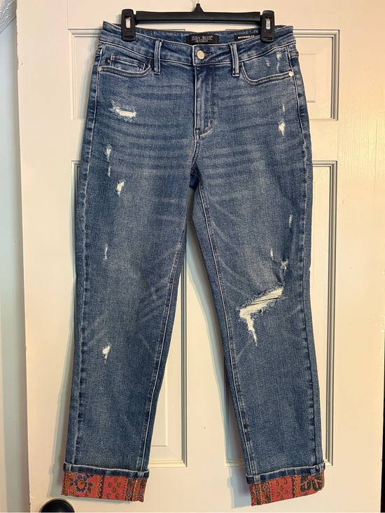 Judy Blue Denim - Judy Blue 7/28 Straight Leg Boyfriend Distressed Jeans with Patterned Cuff